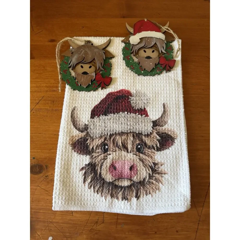 Highland Cow Christmas Kitchen Towel & Ornament Bundle Farmhouse Holiday Decor